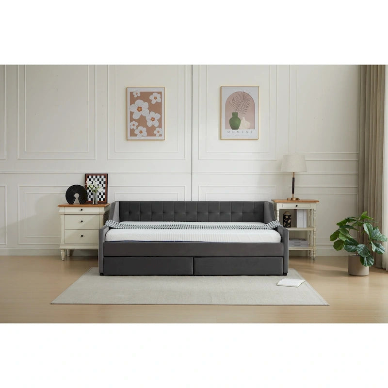 Divano Letto Moderno Imbottito con 2 Cassetti e Struttura in Legno, Strisce Verticali per Salotto di Casa e Ufficio