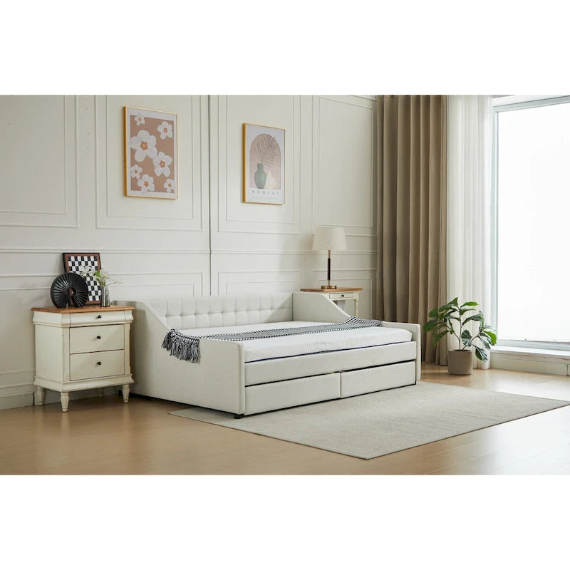 Divano Letto Moderno Imbottito con 2 Cassetti e Struttura in Legno, Strisce Verticali per Salotto di Casa e Ufficio