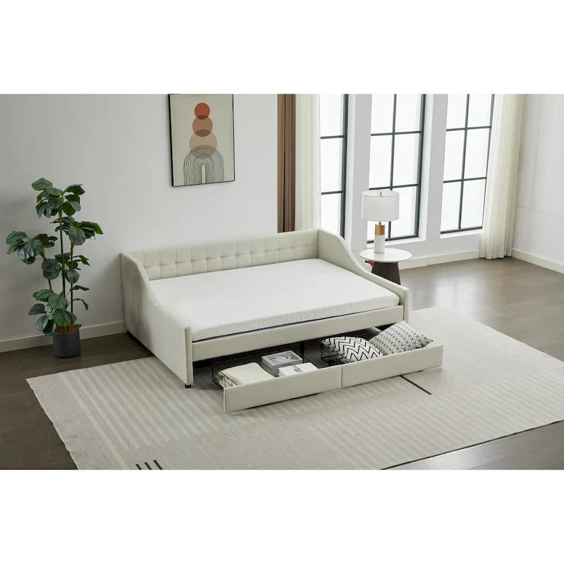 Divano Letto Moderno Imbottito con 2 Cassetti e Struttura in Legno, Strisce Verticali per Salotto di Casa e Ufficio
