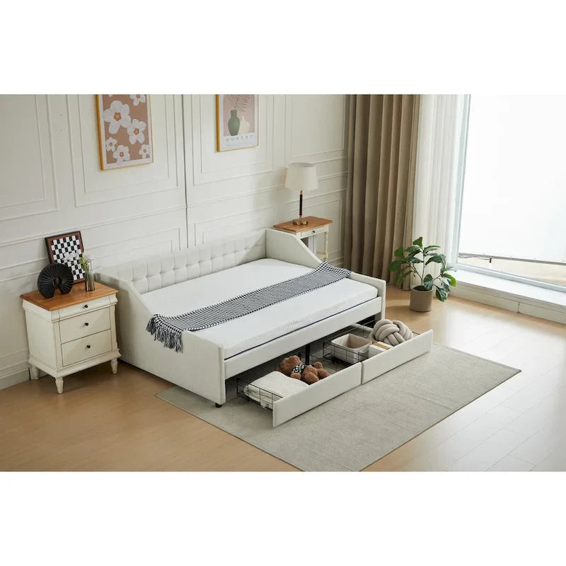 Divano Letto Moderno Imbottito con 2 Cassetti e Struttura in Legno, Strisce Verticali per Salotto di Casa e Ufficio