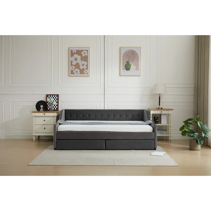 Divano Letto Moderno Imbottito con 2 Cassetti e Struttura in Legno, Strisce Verticali per Salotto di Casa e Ufficio