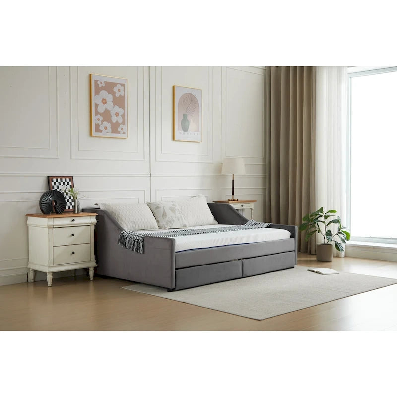 Divano Letto Moderno Imbottito con 2 Cassetti e Struttura in Legno, Strisce Verticali per Salotto di Casa e Ufficio