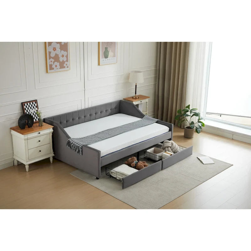 Divano Letto Moderno Imbottito con 2 Cassetti e Struttura in Legno, Strisce Verticali per Salotto di Casa e Ufficio