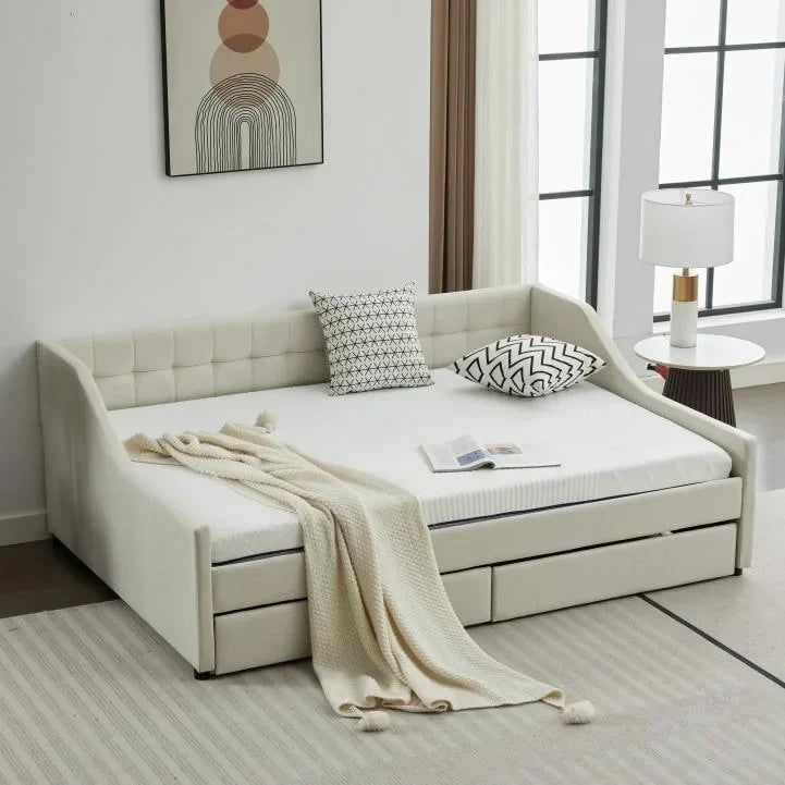 Divano Letto Moderno Imbottito con 2 Cassetti e Struttura in Legno, Strisce Verticali per Salotto di Casa e Ufficio