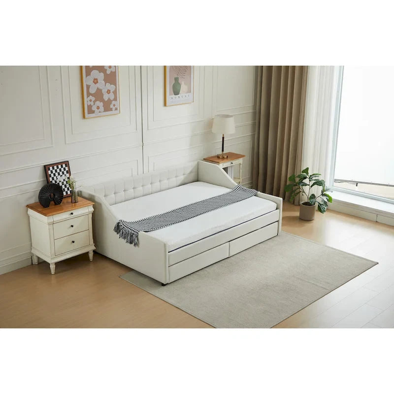 Divano Letto Moderno Imbottito con 2 Cassetti e Struttura in Legno, Strisce Verticali per Salotto di Casa e Ufficio