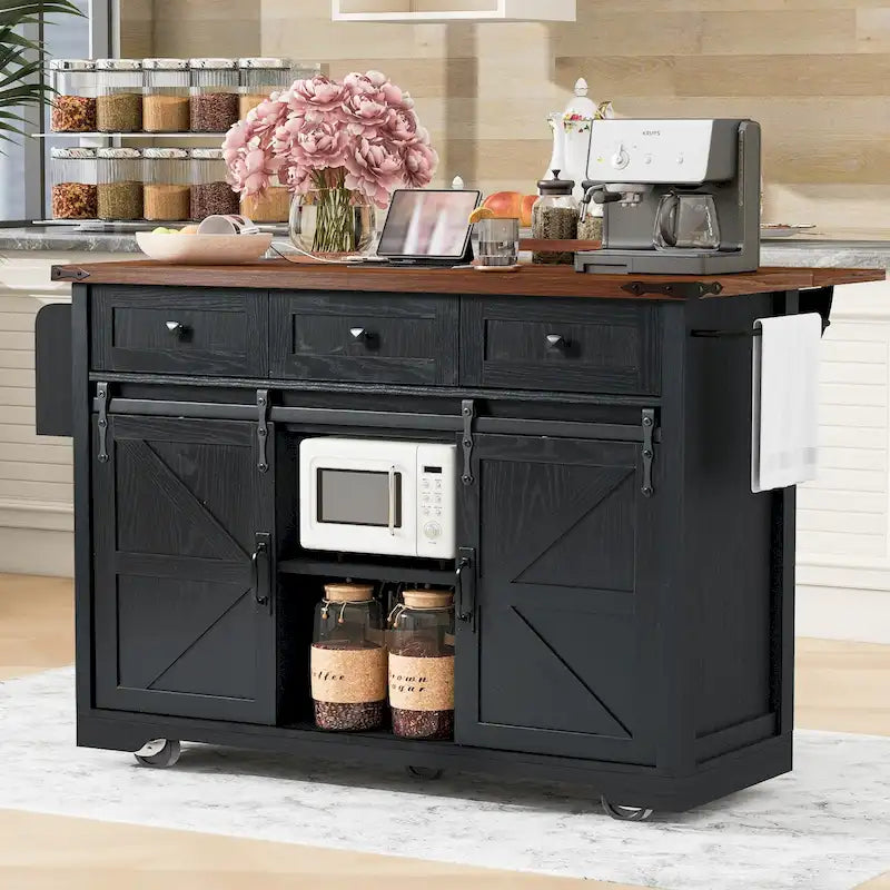Isola da Cucina Rustica con Presa di Corrente, Isola da Cucina con Mobile Contenitore e 2 Ante Scorrevoli a Stile Barn, Top Ribaltabile e Portaspezie