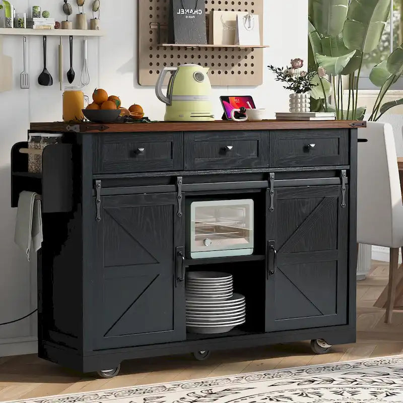 Isola da Cucina Rustica con Presa di Corrente, Isola da Cucina con Mobile Contenitore e 2 Ante Scorrevoli a Stile Barn, Top Ribaltabile e Portaspezie