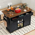 Isola da Cucina Rustica con Presa di Corrente, Isola da Cucina con Mobile Contenitore e 2 Ante Scorrevoli a Stile Barn, Top Ribaltabile e Portaspezie