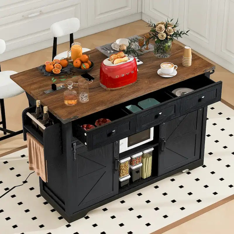 Isola da Cucina Rustica con Presa di Corrente, Isola da Cucina con Mobile Contenitore e 2 Ante Scorrevoli a Stile Barn, Top Ribaltabile e Portaspezie