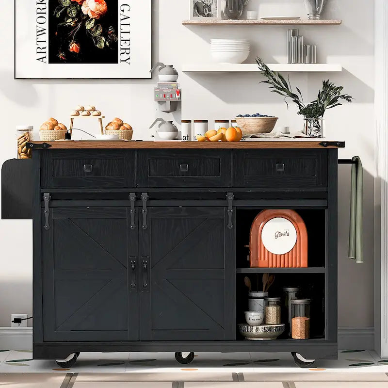Isola da Cucina Rustica con Presa di Corrente, Isola da Cucina con Mobile Contenitore e 2 Ante Scorrevoli a Stile Barn, Top Ribaltabile e Portaspezie