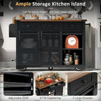 Isola da Cucina Rustica con Presa di Corrente, Isola da Cucina con Mobile Contenitore e 2 Ante Scorrevoli a Stile Barn, Top Ribaltabile e Portaspezie