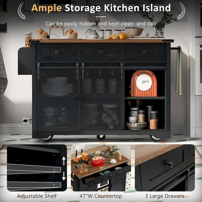 Isola da Cucina Rustica con Presa di Corrente, Isola da Cucina con Mobile Contenitore e 2 Ante Scorrevoli a Stile Barn, Top Ribaltabile e Portaspezie