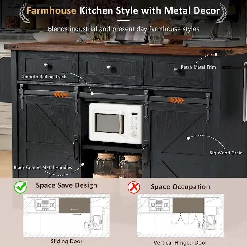 Isola da Cucina Rustica con Presa di Corrente, Isola da Cucina con Mobile Contenitore e 2 Ante Scorrevoli a Stile Barn, Top Ribaltabile e Portaspezie