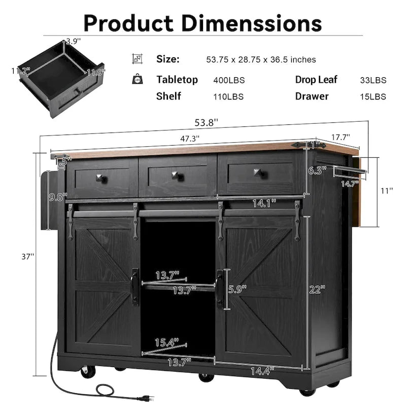 Isola da Cucina Rustica con Presa di Corrente, Isola da Cucina con Mobile Contenitore e 2 Ante Scorrevoli a Stile Barn, Top Ribaltabile e Portaspezie