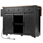 Isola da Cucina Rustica con Presa di Corrente, Isola da Cucina con Mobile Contenitore e 2 Ante Scorrevoli a Stile Barn, Top Ribaltabile e Portaspezie