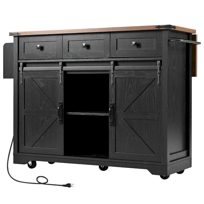 Isola da Cucina Rustica con Presa di Corrente, Isola da Cucina con Mobile Contenitore e 2 Ante Scorrevoli a Stile Barn, Top Ribaltabile e Portaspezie