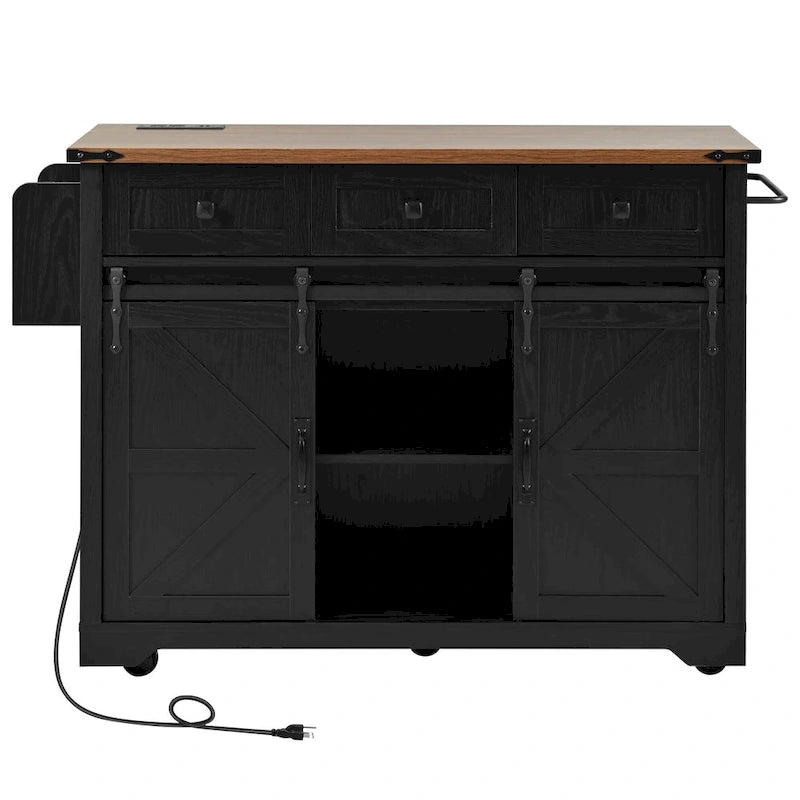 Isola da Cucina Rustica con Presa di Corrente, Isola da Cucina con Mobile Contenitore e 2 Ante Scorrevoli a Stile Barn, Top Ribaltabile e Portaspezie
