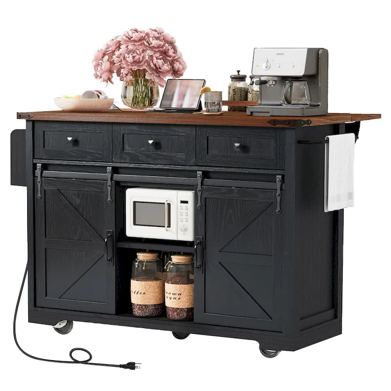 Isola da Cucina Rustica con Presa di Corrente, Isola da Cucina con Mobile Contenitore e 2 Ante Scorrevoli a Stile Barn, Top Ribaltabile e Portaspezie