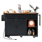Isola da Cucina Rustica con Presa di Corrente, Isola da Cucina con Mobile Contenitore e 2 Ante Scorrevoli a Stile Barn, Top Ribaltabile e Portaspezie