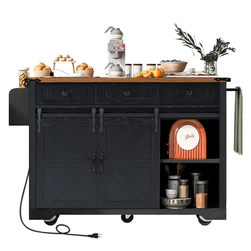 Isola da Cucina Rustica con Presa di Corrente, Isola da Cucina con Mobile Contenitore e 2 Ante Scorrevoli a Stile Barn, Top Ribaltabile e Portaspezie