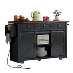 Isola da Cucina Rustica con Presa di Corrente, Isola da Cucina con Mobile Contenitore e 2 Ante Scorrevoli a Stile Barn, Top Ribaltabile e Portaspezie