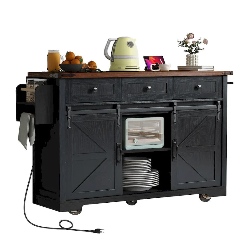 Isola da Cucina Rustica con Presa di Corrente, Isola da Cucina con Mobile Contenitore e 2 Ante Scorrevoli a Stile Barn, Top Ribaltabile e Portaspezie