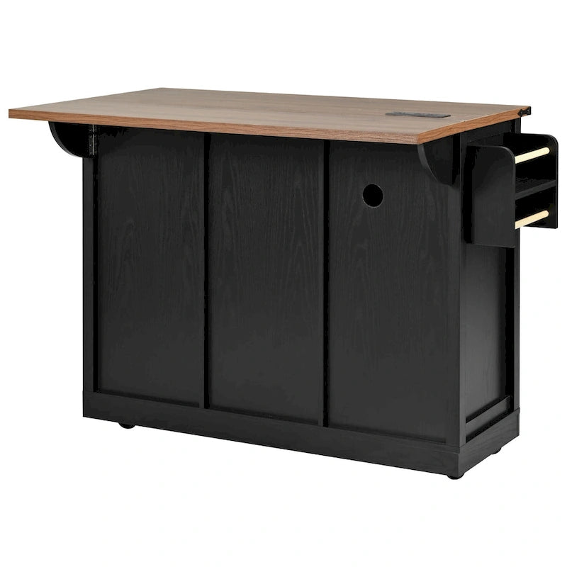 Isola da Cucina Rustica con Presa di Corrente, Isola da Cucina con Mobile Contenitore e 2 Ante Scorrevoli a Stile Barn, Top Ribaltabile e Portaspezie