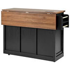 Isola da Cucina Rustica con Presa di Corrente, Isola da Cucina con Mobile Contenitore e 2 Ante Scorrevoli a Stile Barn, Top Ribaltabile e Portaspezie