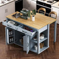 Isola da Cucina in Legno di Gomma da 47 pollici con Tavolo da Pranzo Allungabile, Mensola Portaoggetti Interna, Presa di Corrente, 2 Cassetti, 2 Armadietti