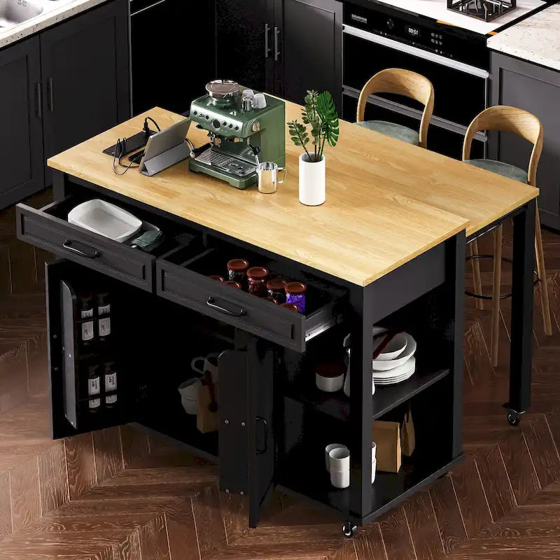 Isola da Cucina in Legno di Gomma da 47 pollici con Tavolo da Pranzo Allungabile, Mensola Portaoggetti Interna, Presa di Corrente, 2 Cassetti, 2 Armadietti