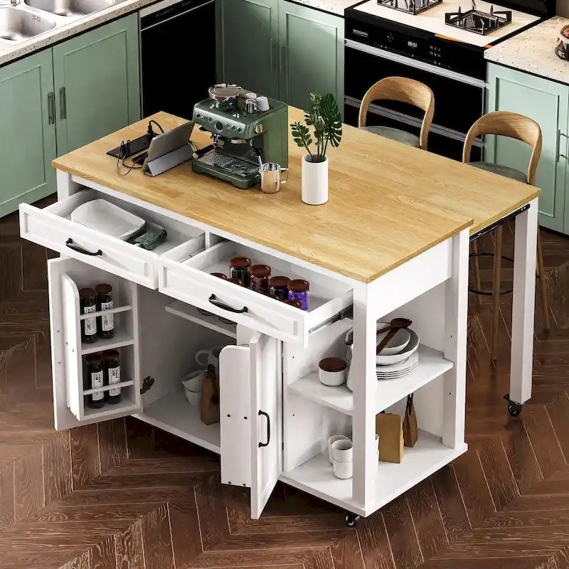 Isola da Cucina in Legno di Gomma da 47 pollici con Tavolo da Pranzo Allungabile, Mensola Portaoggetti Interna, Presa di Corrente, 2 Cassetti, 2 Armadietti