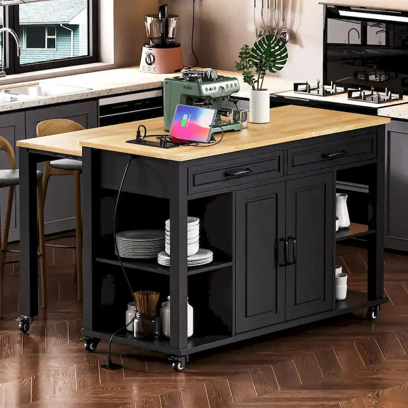 Isola da Cucina in Legno di Gomma da 47 pollici con Tavolo da Pranzo Allungabile, Mensola Portaoggetti Interna, Presa di Corrente, 2 Cassetti, 2 Armadietti