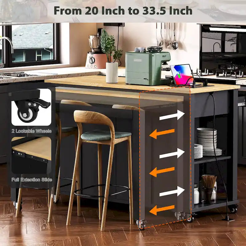 Isola da Cucina in Legno di Gomma da 47 pollici con Tavolo da Pranzo Allungabile, Mensola Portaoggetti Interna, Presa di Corrente, 2 Cassetti, 2 Armadietti