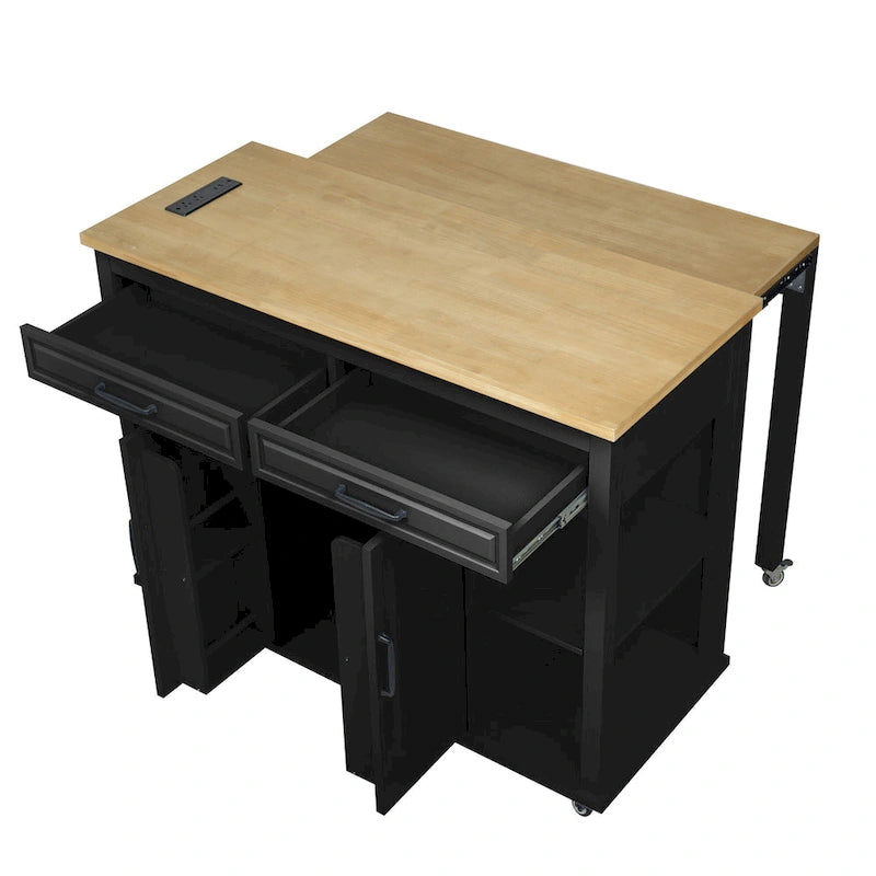 Isola da Cucina in Legno di Gomma da 47 pollici con Tavolo da Pranzo Allungabile, Mensola Portaoggetti Interna, Presa di Corrente, 2 Cassetti, 2 Armadietti