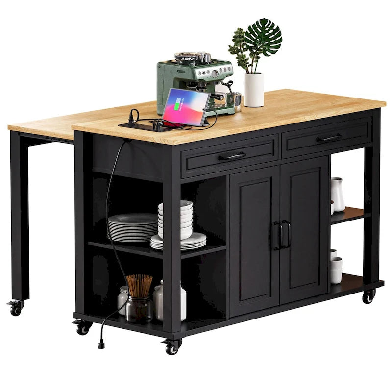 Isola da Cucina in Legno di Gomma da 47 pollici con Tavolo da Pranzo Allungabile, Mensola Portaoggetti Interna, Presa di Corrente, 2 Cassetti, 2 Armadietti