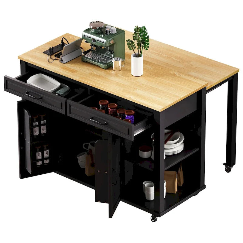 Isola da Cucina in Legno di Gomma da 47 pollici con Tavolo da Pranzo Allungabile, Mensola Portaoggetti Interna, Presa di Corrente, 2 Cassetti, 2 Armadietti
