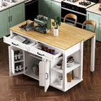 Isola da Cucina in Legno di Gomma da 47 pollici con Tavolo da Pranzo Allungabile, Mensola Portaoggetti Interna, Presa di Corrente, 2 Cassetti, 2 Armadietti