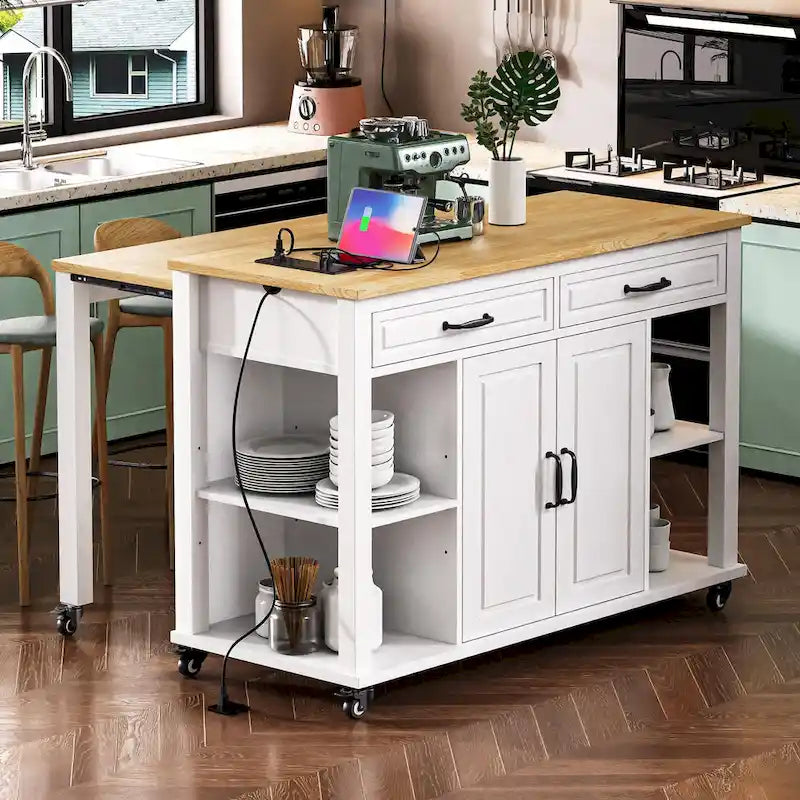 Isola da Cucina in Legno di Gomma da 47 pollici con Tavolo da Pranzo Allungabile, Mensola Portaoggetti Interna, Presa di Corrente, 2 Cassetti, 2 Armadietti