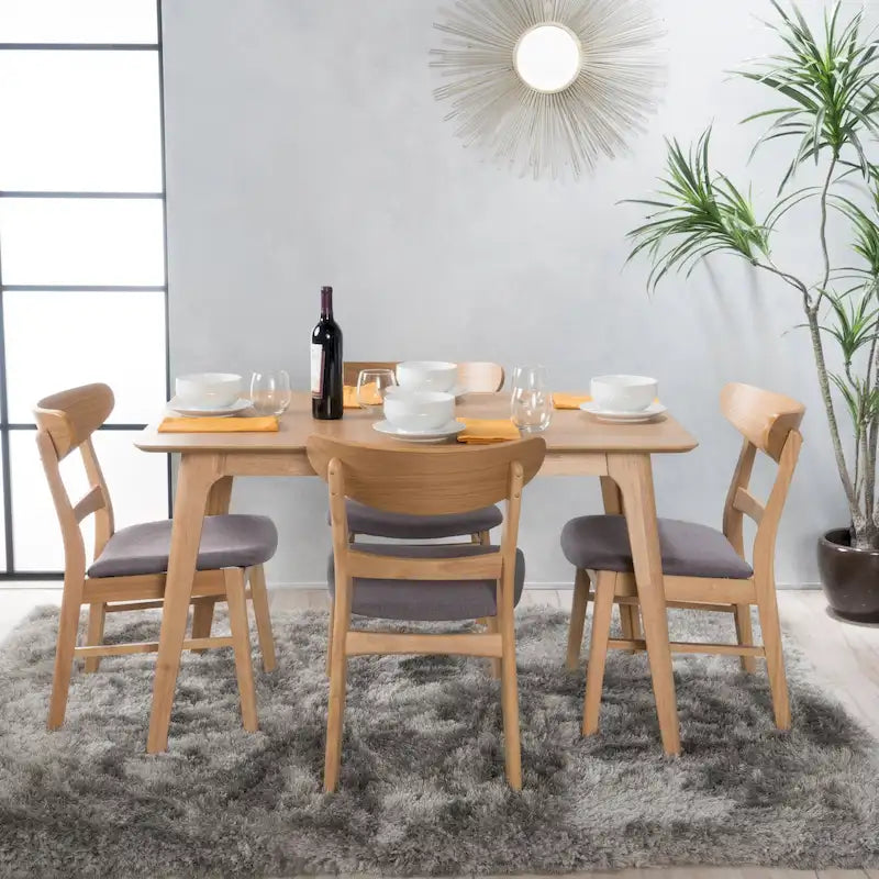 Set da pranzo rettangolare a 5 pezzi in legno di gomma e tessuto