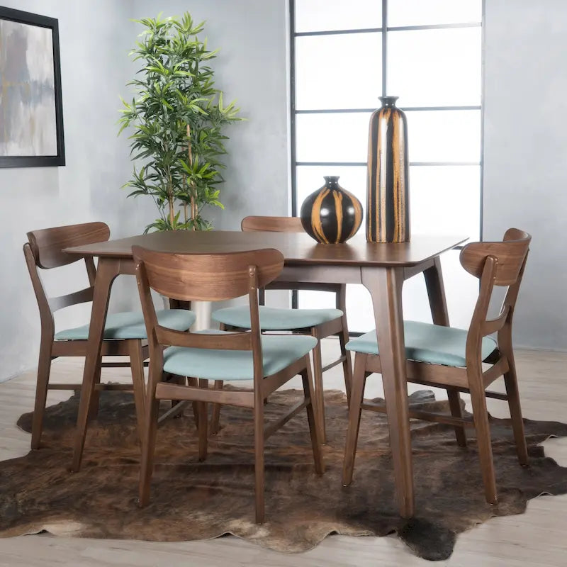 Set da pranzo rettangolare a 5 pezzi in legno di gomma e tessuto