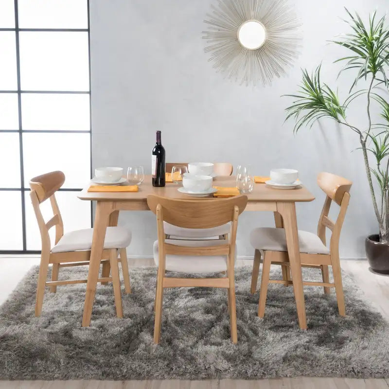 Set da pranzo rettangolare a 5 pezzi in legno di gomma e tessuto