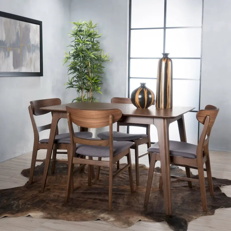 Set da pranzo rettangolare a 5 pezzi in legno di gomma e tessuto