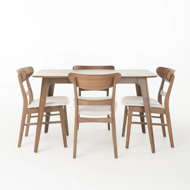 Set da pranzo rettangolare a 5 pezzi in legno di gomma e tessuto