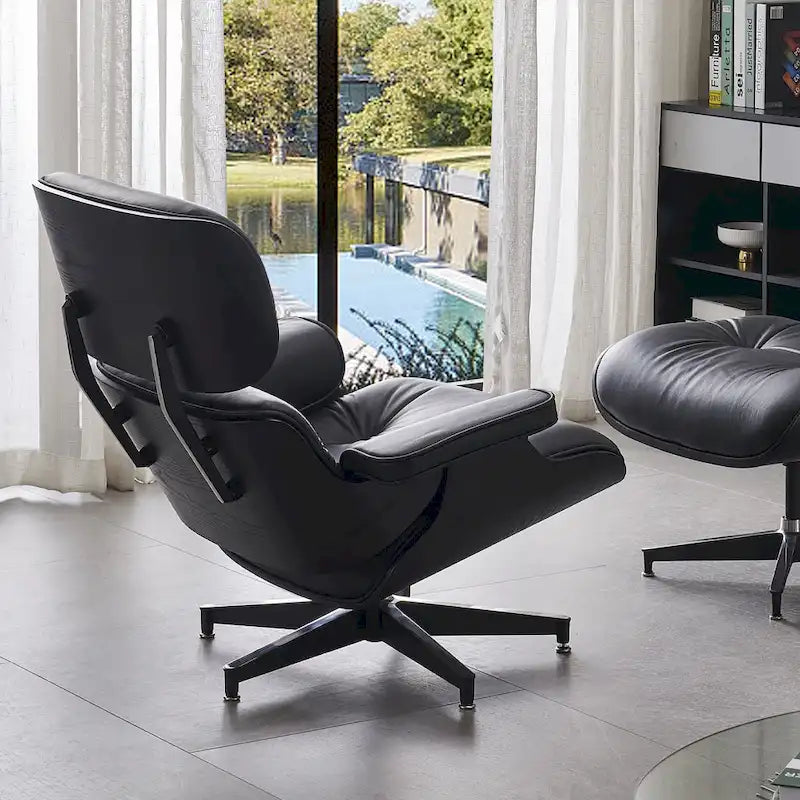 Poltrona girevole alta schienale Mid-century Modern in PU con pouf per soggiorno e camera da letto