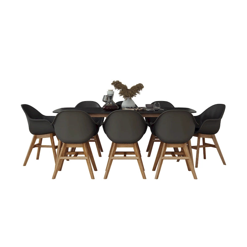 Set da pranzo di 9 pezzi in legno di eucalipto con cuscini