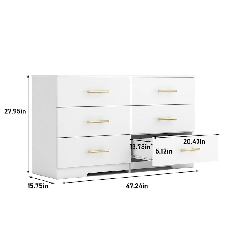 Comò a 6 cassetti per camera da letto, Comodino cassettiera, Cassettiera moderna in legno con maniglie dorate