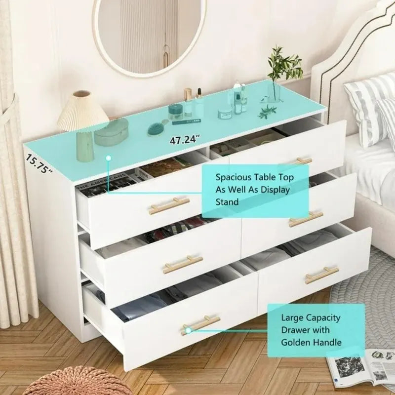 Comò a 6 cassetti per camera da letto, Comodino cassettiera, Cassettiera moderna in legno con maniglie dorate