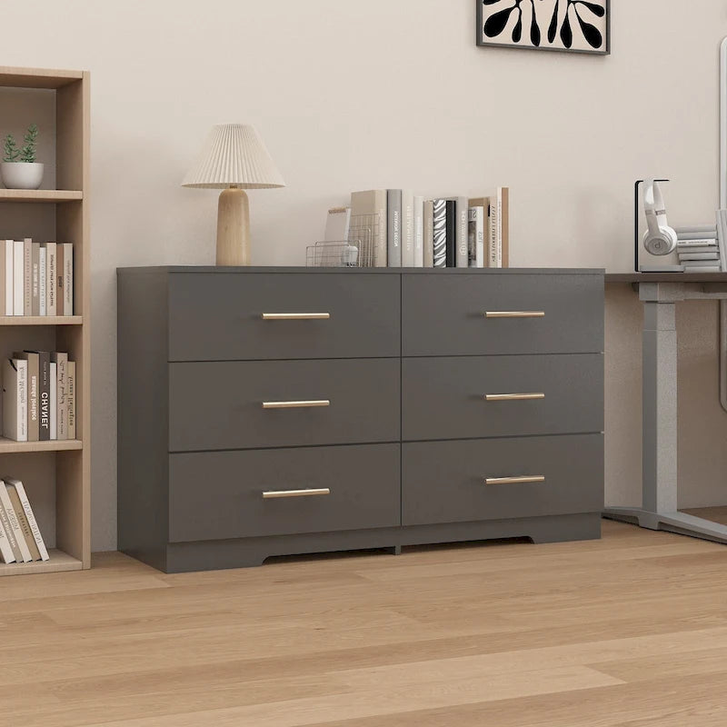 Comò a 6 cassetti per camera da letto, Comodino cassettiera, Cassettiera moderna in legno con maniglie dorate
