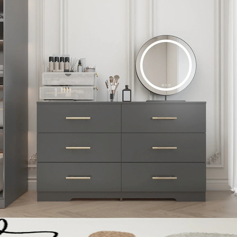 Comò a 6 cassetti per camera da letto, Comodino cassettiera, Cassettiera moderna in legno con maniglie dorate