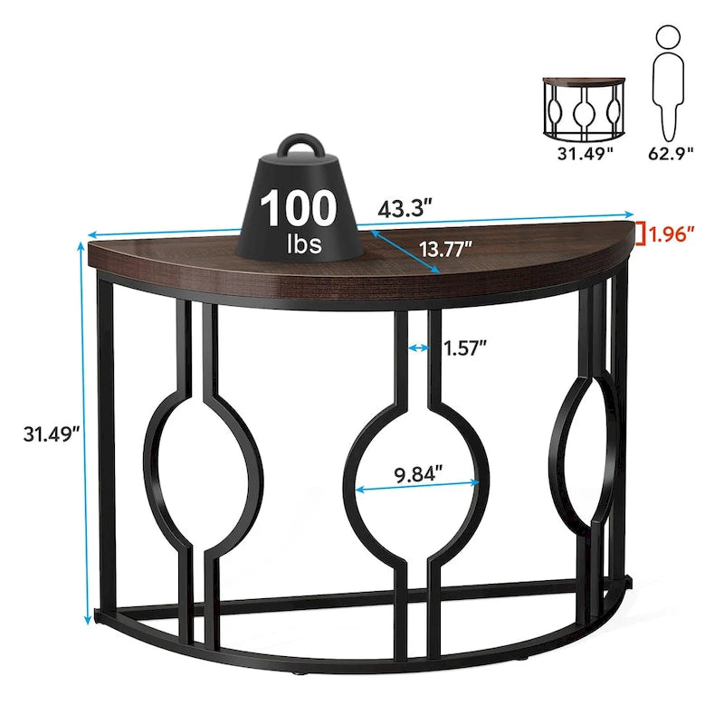 Tavolino consolle a mezza luna per ingresso, Tavolino semicircolare da divano con base geometrica